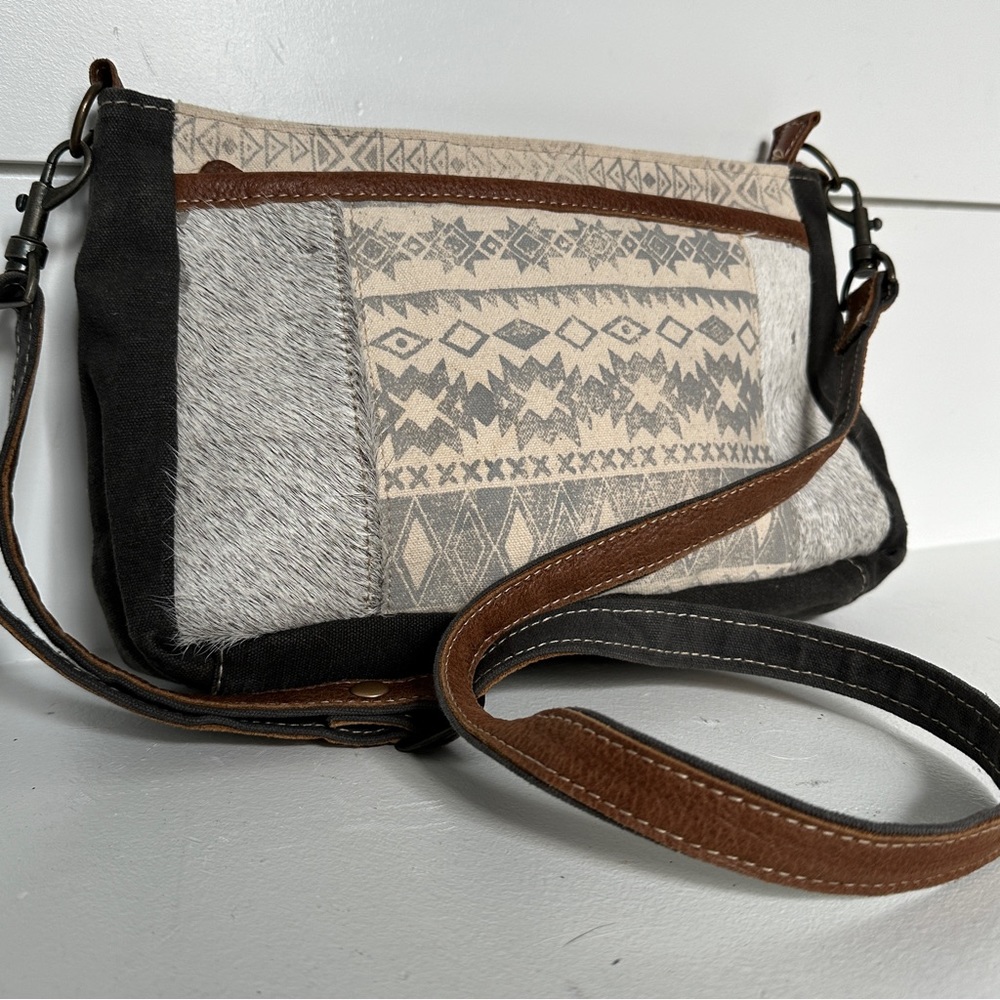 MYRA Bag, Shoulder Cowhide Canvas Upcycled Materials Purse.